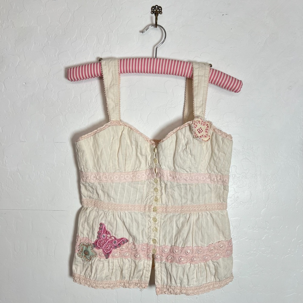 Nanette Lepore Corset Top Size 4 Cream Pink Lace Crochet Butterfly CottageCore